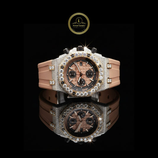 Moissanite Diamond Octagonal Chronograph Watch with Rubber Strap