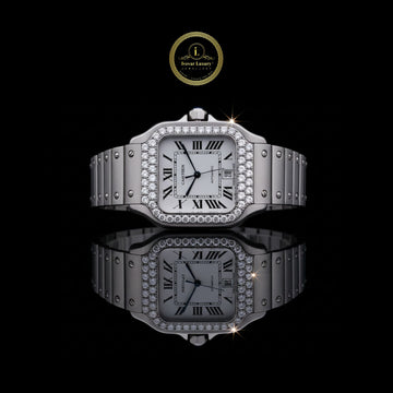 Round Cut Diamond Bezel Santos Style Roman Numerals Watch with Screw Link Bracelet