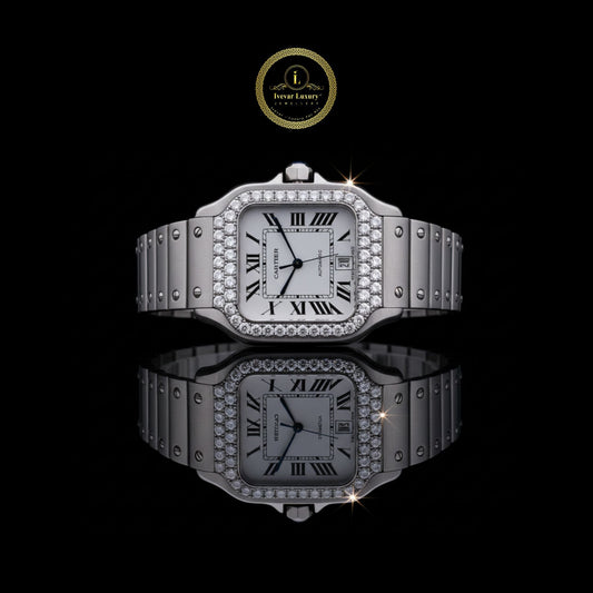 Round Cut Diamond Bezel Santos Style Roman Numerals Watch with Screw Link Bracelet