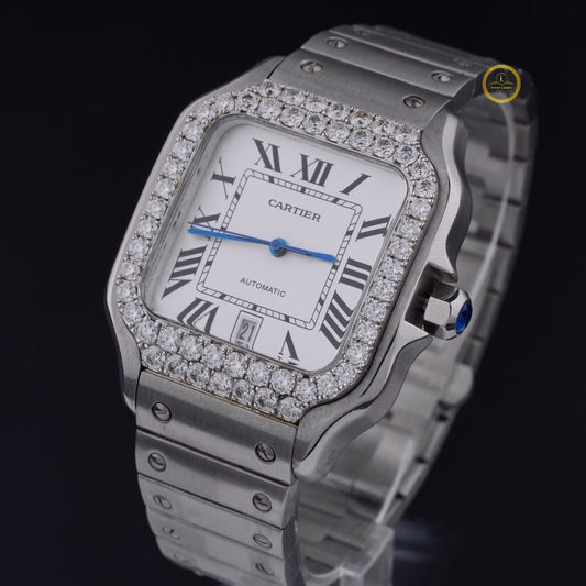Round Cut Diamond Bezel Santos Style Roman Numerals Watch with Screw Link Bracelet