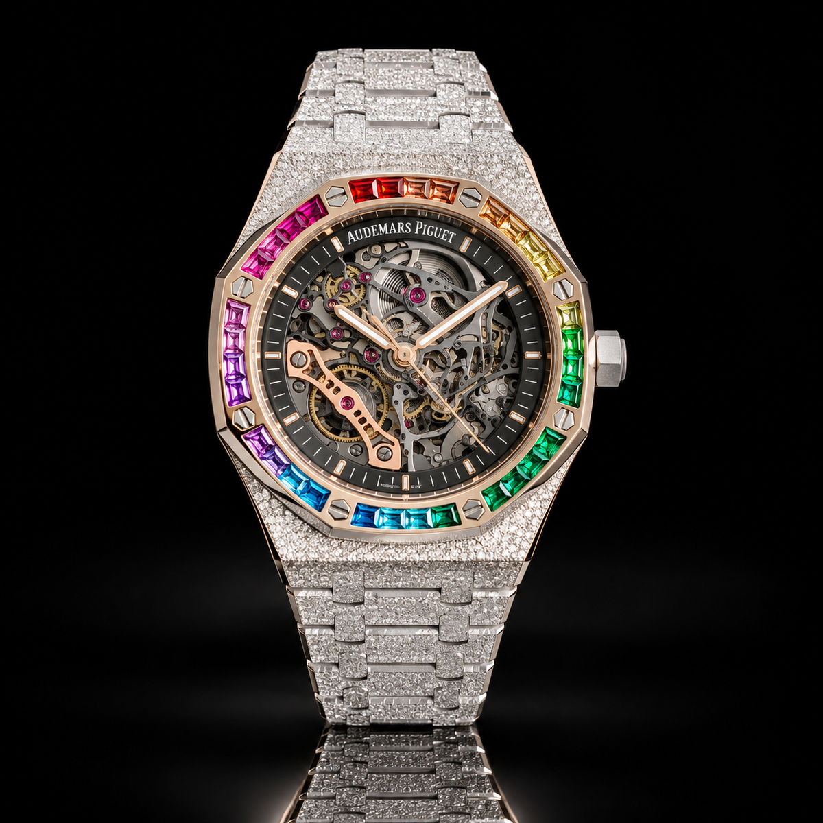 Luxury Rainbow Bezel Skeleton Watches in Gold & Silver Sets