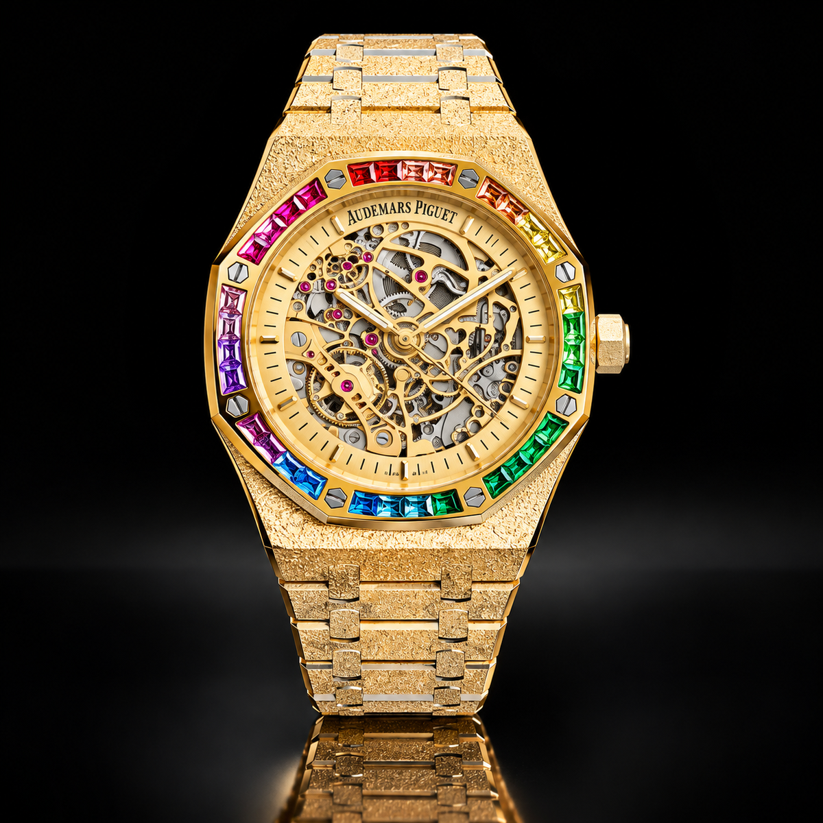 Luxury Rainbow Bezel Skeleton Watches in Gold & Silver Sets