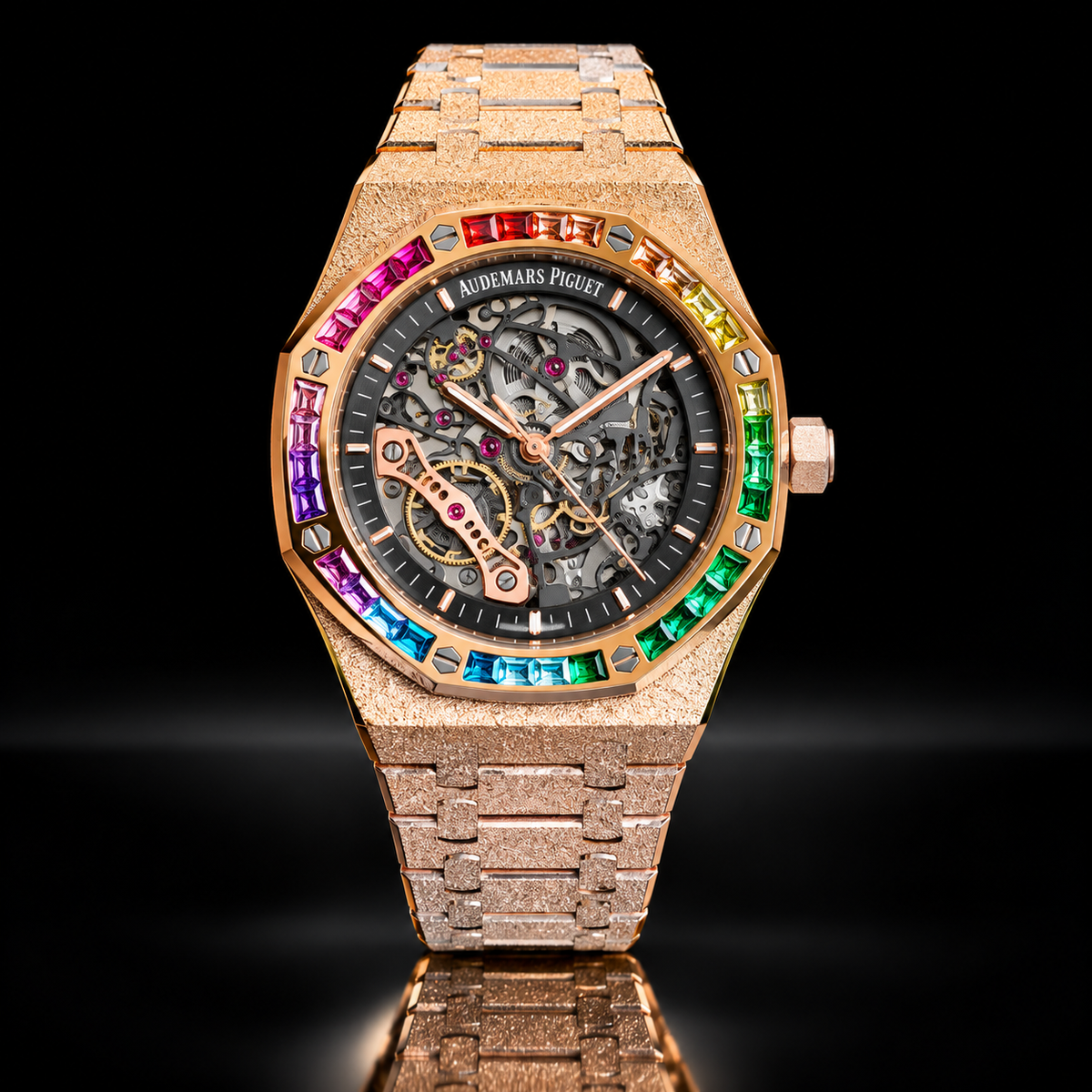 Luxury Rainbow Bezel Skeleton Watches in Gold & Silver Sets