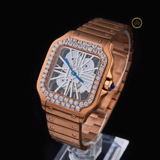 Round Cut Lab Grown Diamond Bezel Skeleton Cushion Case Rose Gold Bracelet Watch