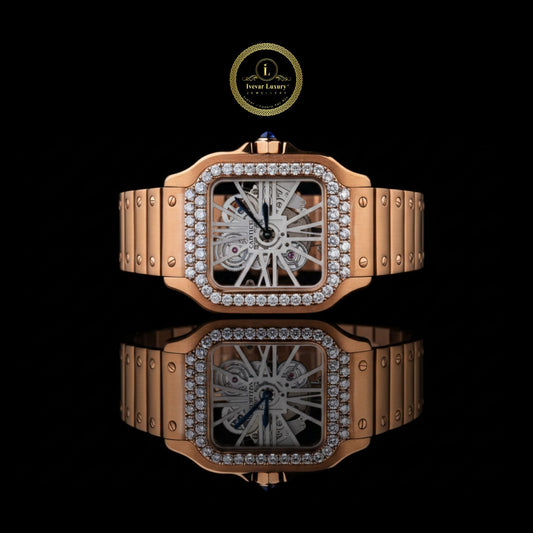 Round Cut Lab Grown Diamond Bezel Skeleton Cushion Case Rose Gold Bracelet Watch
