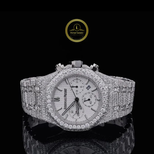 Full Iced Out Round Cut Diamond Chronograph Watch with Silver Dial and Pavé Link Bracelet