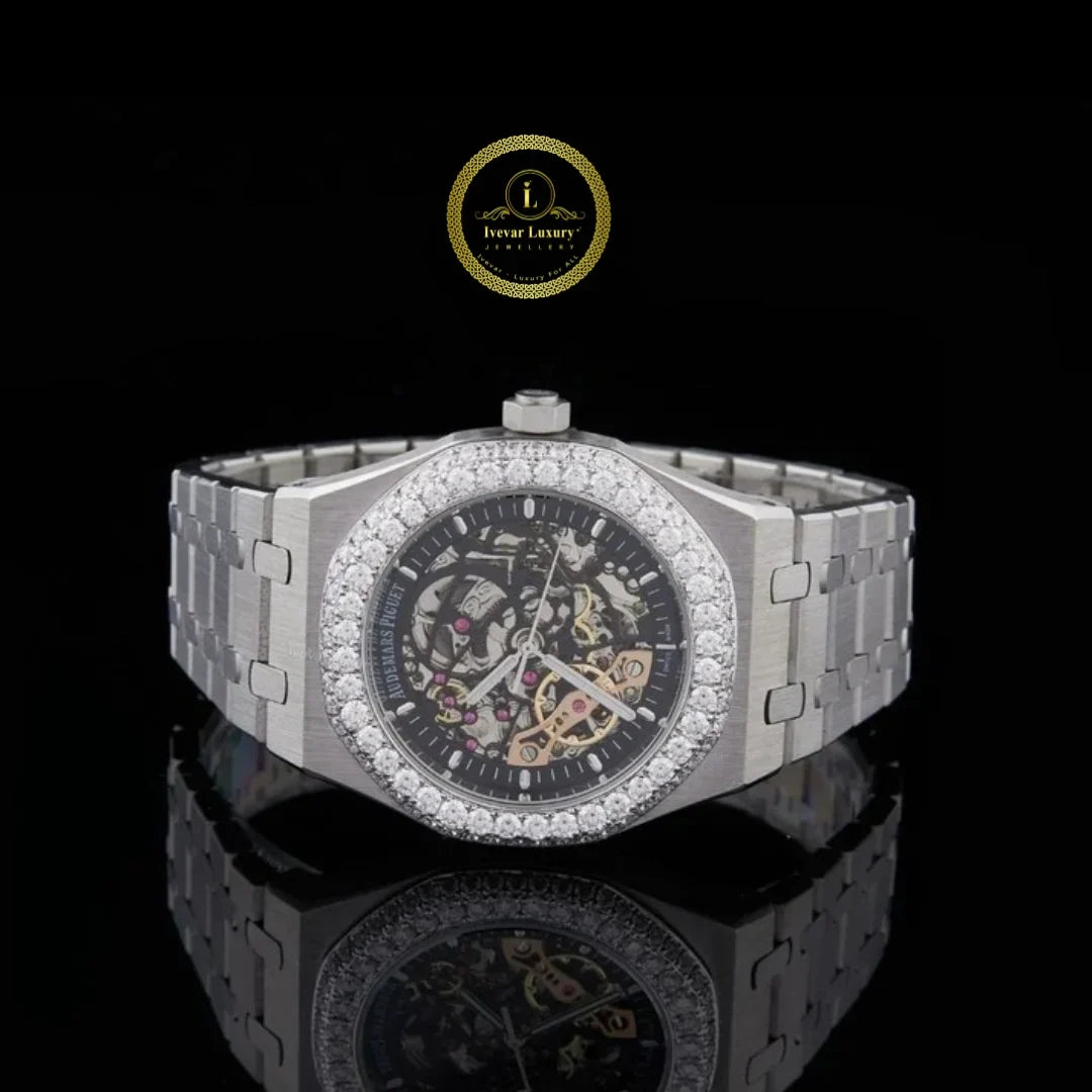 Round Cut Diamond Bezel Skeleton Dial Octagonal Watch with Steel Link Bracelet