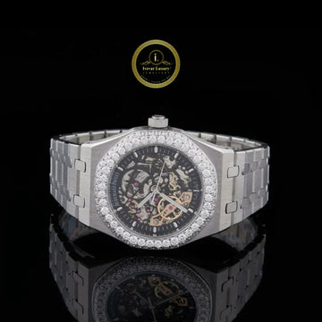Round Cut Diamond Bezel Skeleton Dial Octagonal Watch with Steel Link Bracelet
