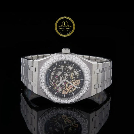 Round Cut Diamond Bezel Skeleton Dial Octagonal Watch with Steel Link Bracelet