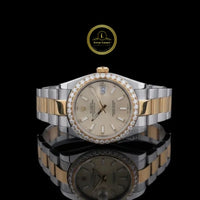 Round Cut Diamond Bezel Two-Tone Classic Date Style Watch with 3-Link Band