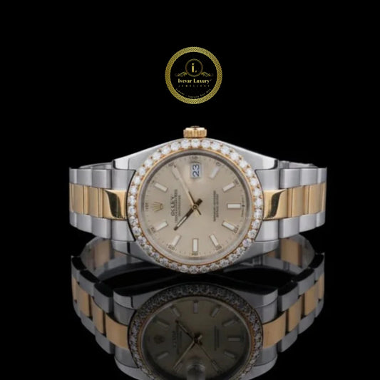 Round Cut Diamond Bezel Two-Tone Classic Date Style Watch with 3-Link Band