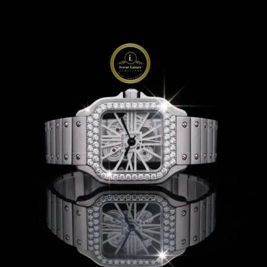 Round Cut Diamond Bezel Skeleton Square Style Watch with Screw Link Bracelet