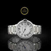 Round Cut Diamond Bezel Round Silver Guilloche Dial Watch with Steel Link Bracelet