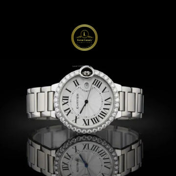 Round Cut Diamond Bezel Round Silver Guilloche Dial Watch with Steel Link Bracelet