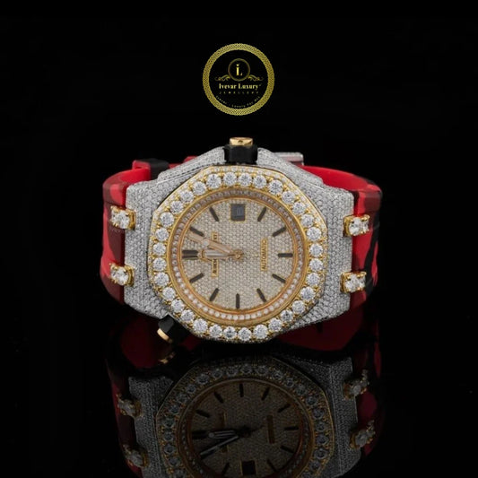 Half Iced Out Diamond Watch with Round Diamond Bezel & Red Camo Rubber Strap