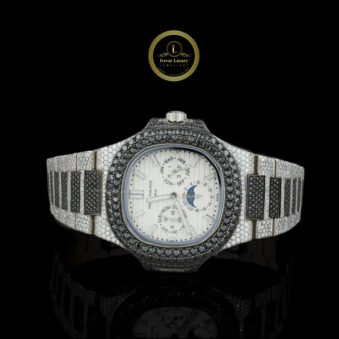 Black Diamond Annual Calendar Moonphase Watch with Pavé Bracelet & White Gold Finish
