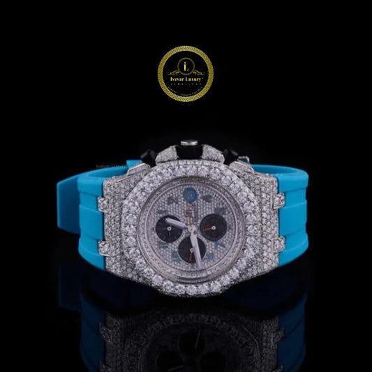 Half Iced Out Diamond Chronograph Watch with Blue Rubber Strap & Pavé Dial