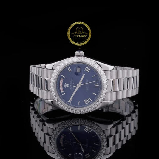 Round Cut Diamond Bezel Blue Calendar Dial Watch with Executive Link Bracelet