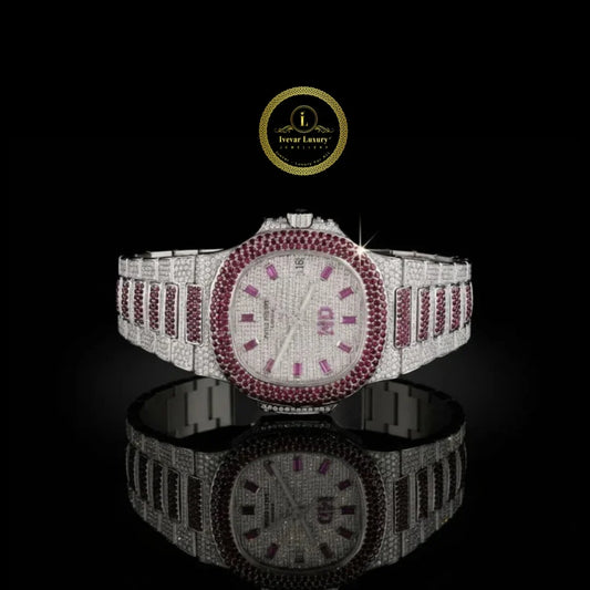 Full Iced Out Diamond Watch with Ruby Bezel & Pink Baguette Dial Markers