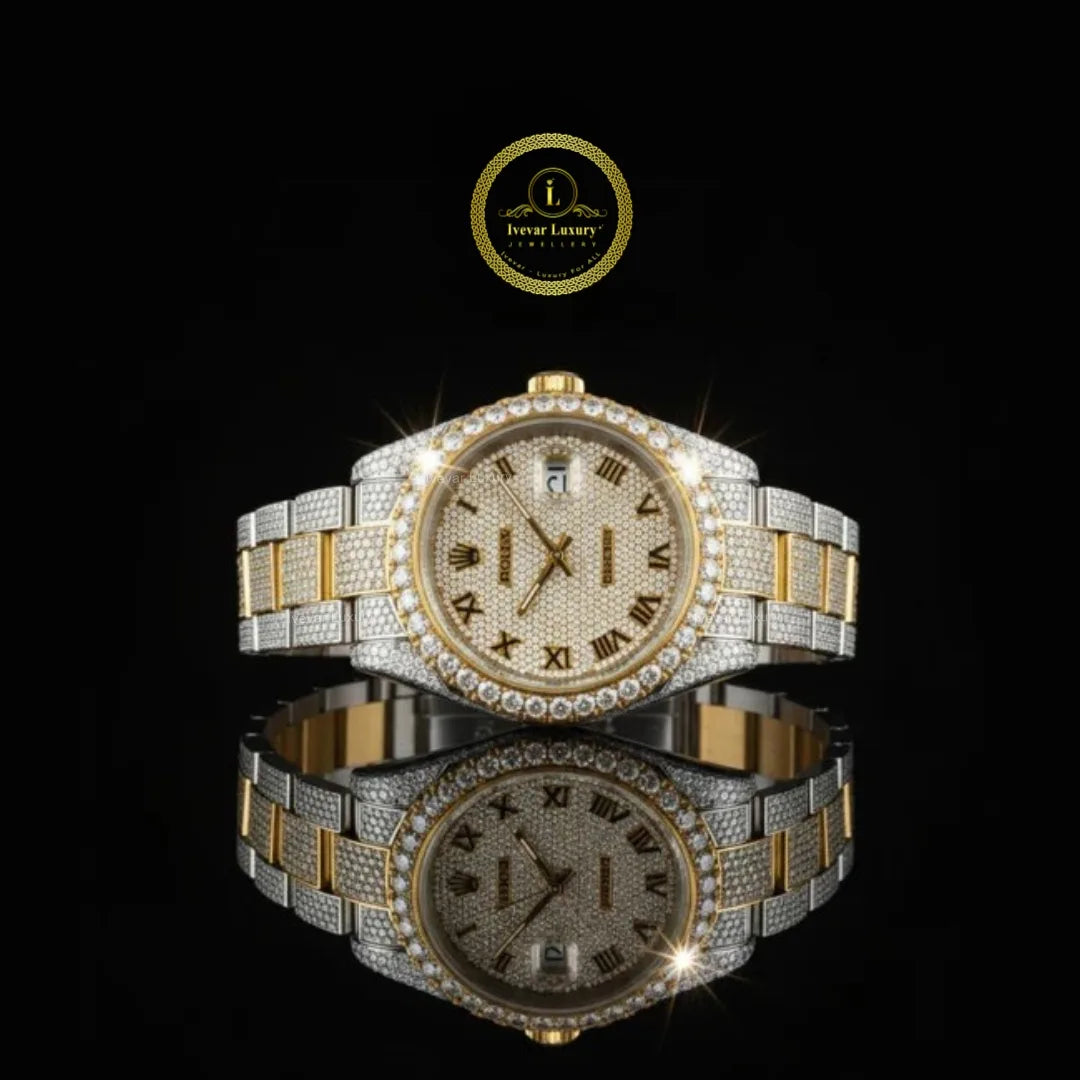 Full Iced Out Diamond Date Watch with Roman Numeral Dial & Two-Tone Links