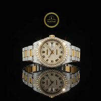 Full Iced Out Diamond Date Watch with Roman Numeral Dial & Two-Tone Links