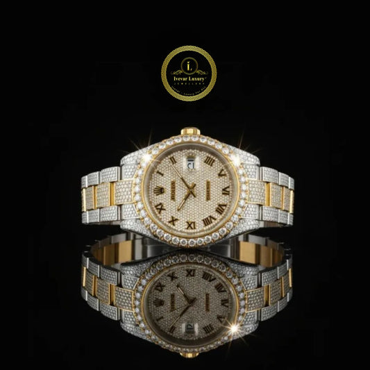 Full Iced Out Diamond Date Watch with Roman Numeral Dial & Two-Tone Links