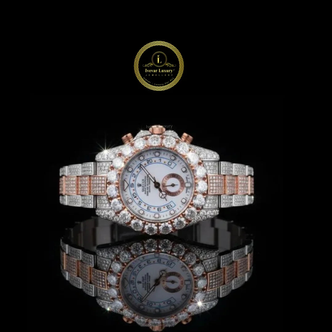 Full Iced Out Two-Tone Diamond Watch with Large Diamond Bezel & Multi-Function Dial