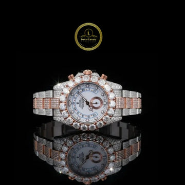 Full Iced Out Two-Tone Diamond Watch with Large Diamond Bezel & Multi-Function Dial