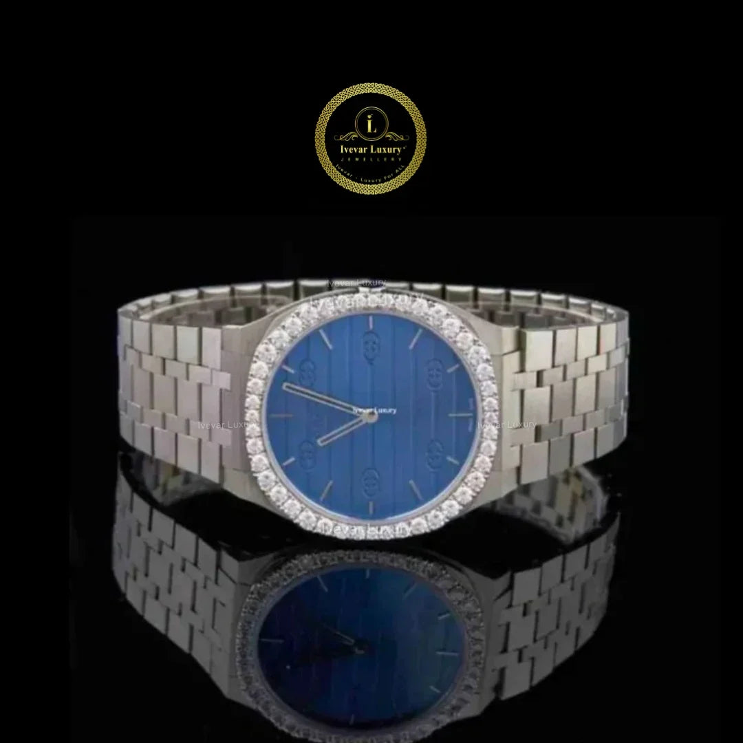 Round Cut Diamond Bezel Blue Dial Dress Watch with Multi-Link Bracelet