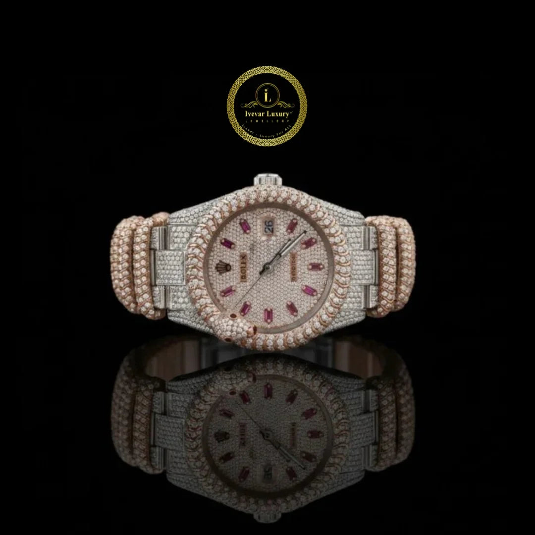 Full Iced Out Two-Tone Diamond Watch with Ruby Markers & Rope Link Band