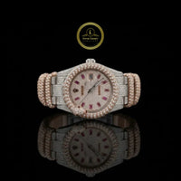 Full Iced Out Two-Tone Diamond Watch with Ruby Markers & Rope Link Band