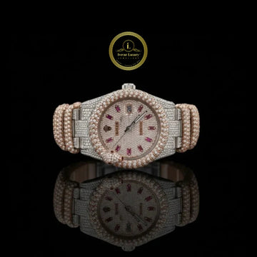 Full Iced Out Two-Tone Diamond Watch with Ruby Markers & Rope Link Band