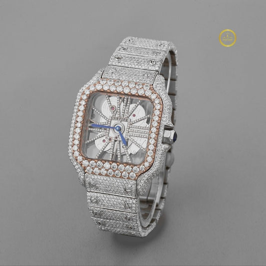 Full Iced Out Two-Tone Skeleton Diamond Watch with Square Case & Pave Bracelet