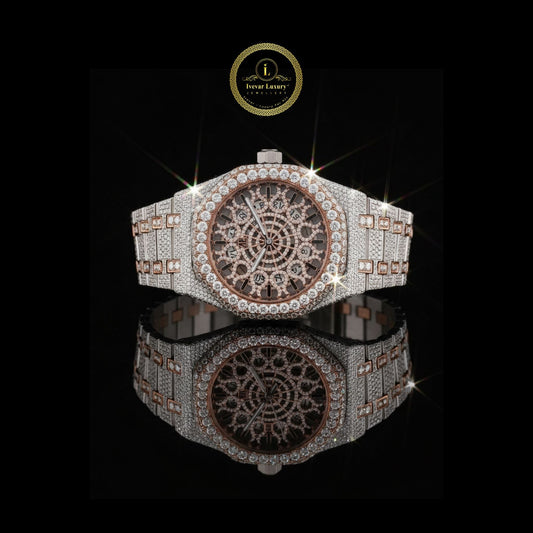 Full Iced Out Skeleton Diamond Watch with Two-Tone Pave Bracelet & Rose Gold Dial