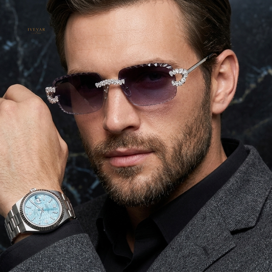 Luxury Pear Cut Moissanite Diamond Sunglasses with Ice Blue Stainless Steel Watch Combo Set By Ivevar