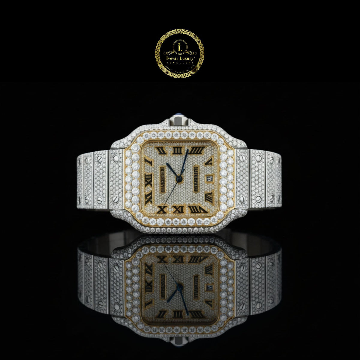 Full Iced Out Square Diamond Watch Black Roman Numerals & Two-Tone Band