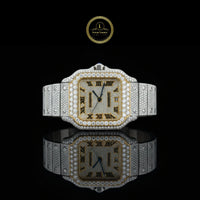Full Iced Out Square Diamond Watch Black Roman Numerals & Two-Tone Band