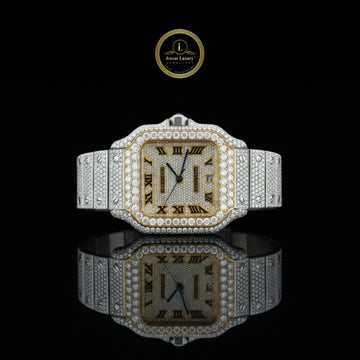 Full Iced Out Square Diamond Watch Black Roman Numerals & Two-Tone Band