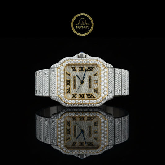 Full Iced Out Square Diamond Watch Black Roman Numerals & Two-Tone Band