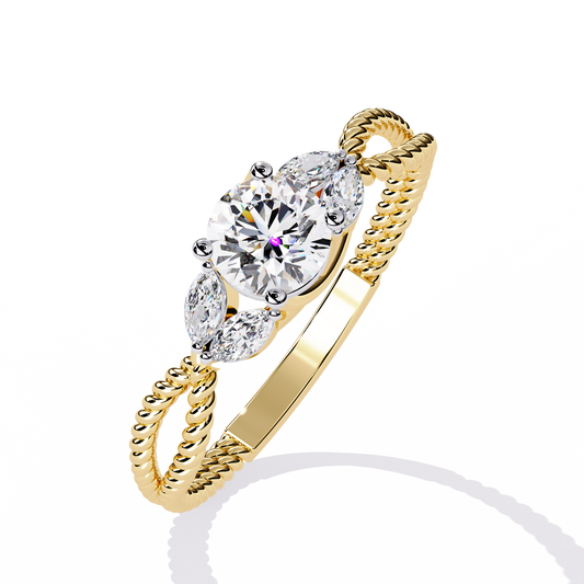Round Cut Lab Grown Rope Band Ring with Marquise Side Stones