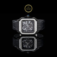 Round Cut Moissanite Diamond Bezel Skeleton Santos Style Watch with Black Leather Strap