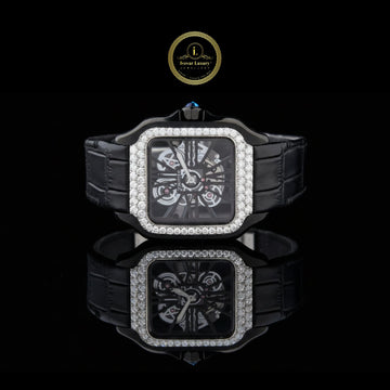 Round Cut Moissanite Diamond Bezel Skeleton Santos Style Watch with Black Leather Strap