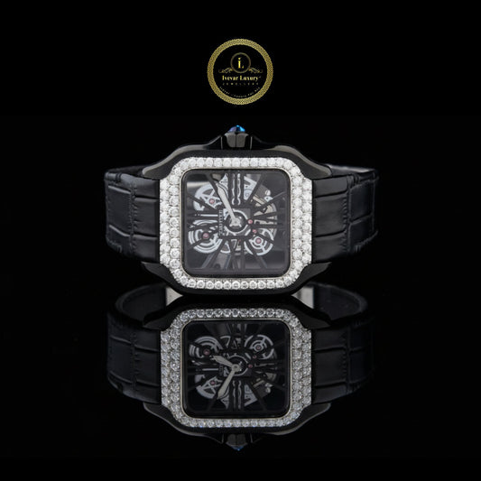 Round Cut Moissanite Diamond Bezel Skeleton Santos Style Watch with Black Leather Strap