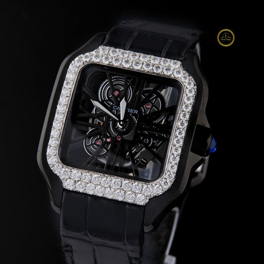 Round Cut Moissanite Diamond Bezel Skeleton Santos Style Watch with Black Leather Strap