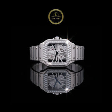 Round Cut Diamond Bezel Skeleton Santos Style Watch with Screw Link Bracelet