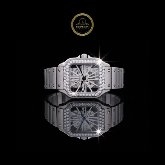 Round Cut Diamond Bezel Skeleton Santos Style Watch with Screw Link Bracelet