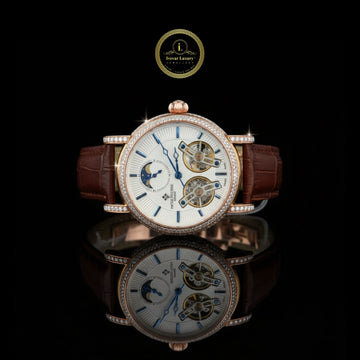 Rose Gold Dual Tourbillon Moonphase Watch with Diamond Bezel & Leather Strap