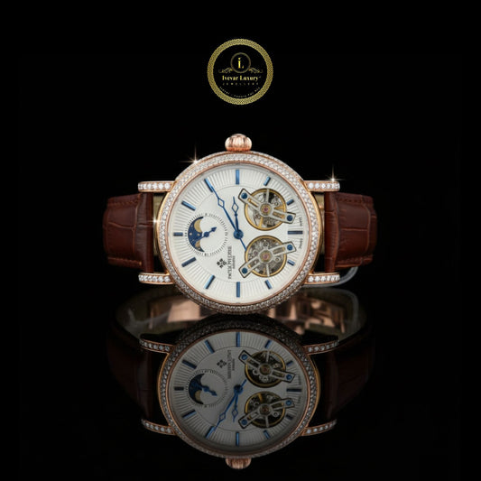 Rose Gold Dual Tourbillon Moonphase Watch with Diamond Bezel & Leather Strap