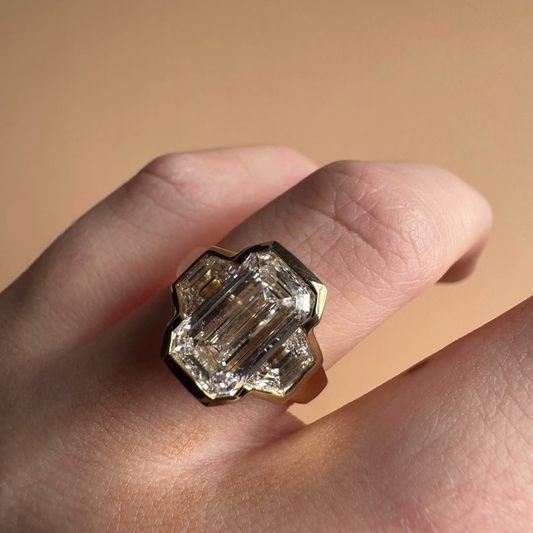 Emerald Cut Lab Grown Three Stone Ring With Wide Band
