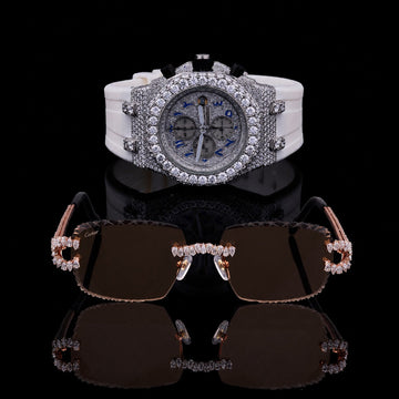 Diamond Monarch Collection Full Pavé Luxury Chronograph Watch And Signature Moissanite Diamond Eyewear Set